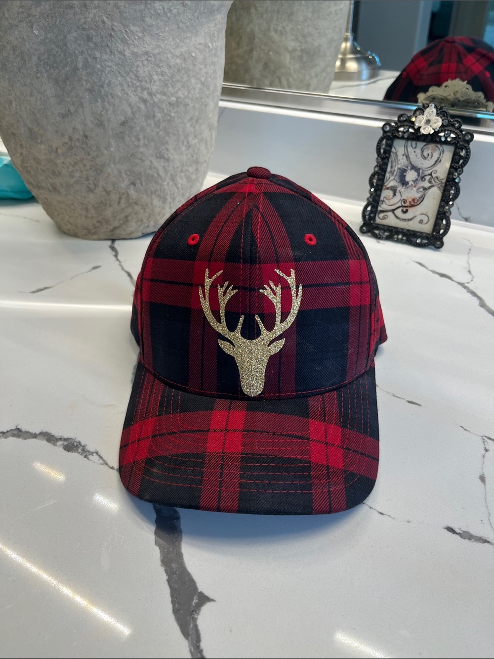 Red Plaid Baseball Cap with Gold Deer Emblem